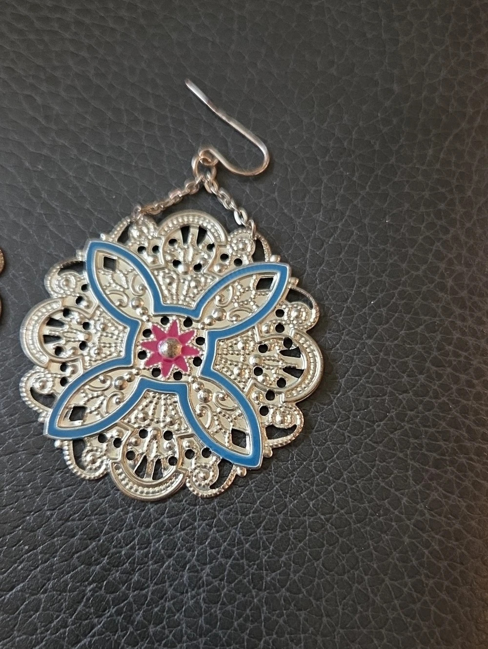 Floral Filigree Earrings in Silver & Blue Like New